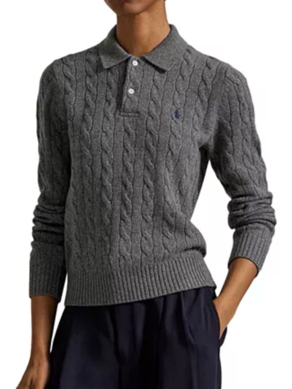 Polo Ralph Lauren Cable Knit Wool Cashmere Polo Sweater Gray Size S
